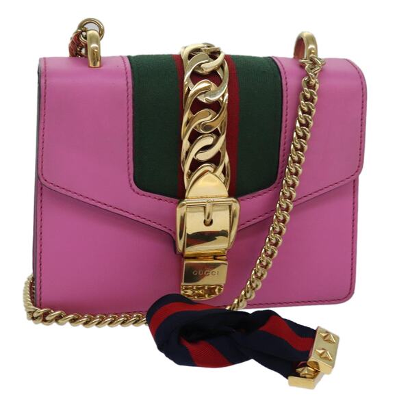 GUCCI Sylvie Web Sherry Line Mini Chain Bag Leather Pink - Picture 1 of 16